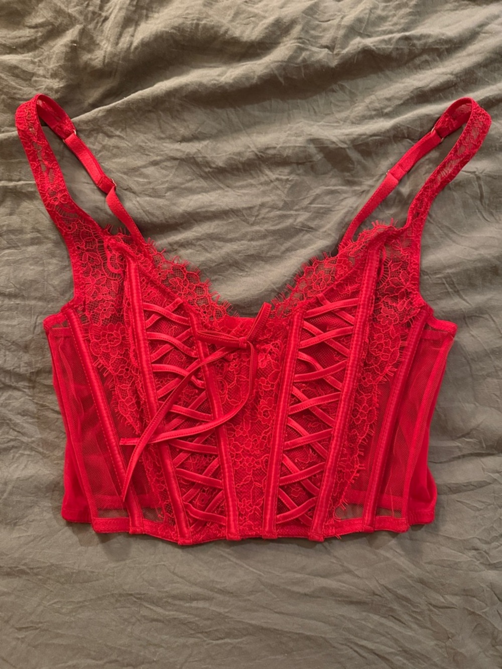 Victoria's Secret Red Lace Corset Bustier with Mesh Panels